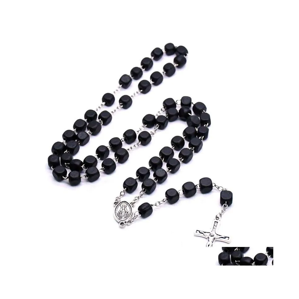 Pendant Necklaces Black Square Wood Christ Rosary Neckalce Vintage Cross Beads Strand Necklace Long Religious Pray Jewelry Drop Deli Dh9Q2