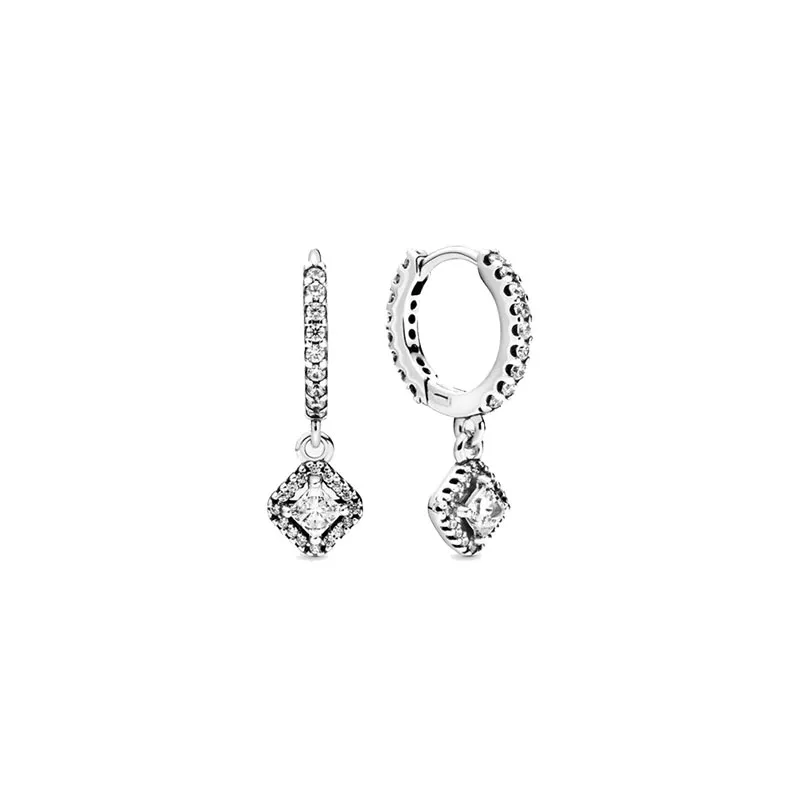 Carré CZ Diamant Sparkle Hoop Boucles D'oreilles pour Pandora 925 Bijoux De Fête De Mariage En Argent Sterling Pour Les Femmes Petite Amie Cadeaux De Fiançailles Boucle D'oreille avec Boîte D'origine