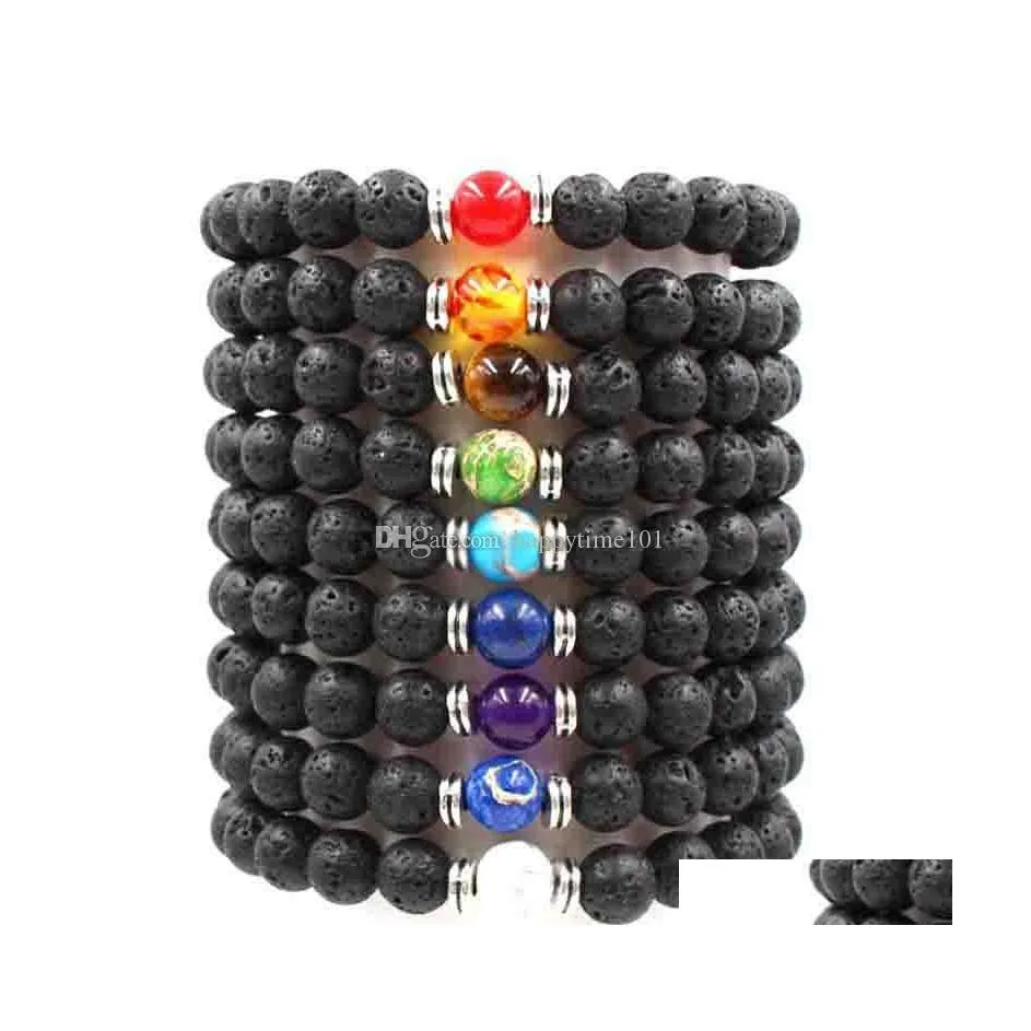 Charm Armband 9Colors 7 Chakra Natural Black Lava Stone Beads Elastic Armband Essential Oil Diffuser Volcanic Rock Pärled Hand St Dhdpt