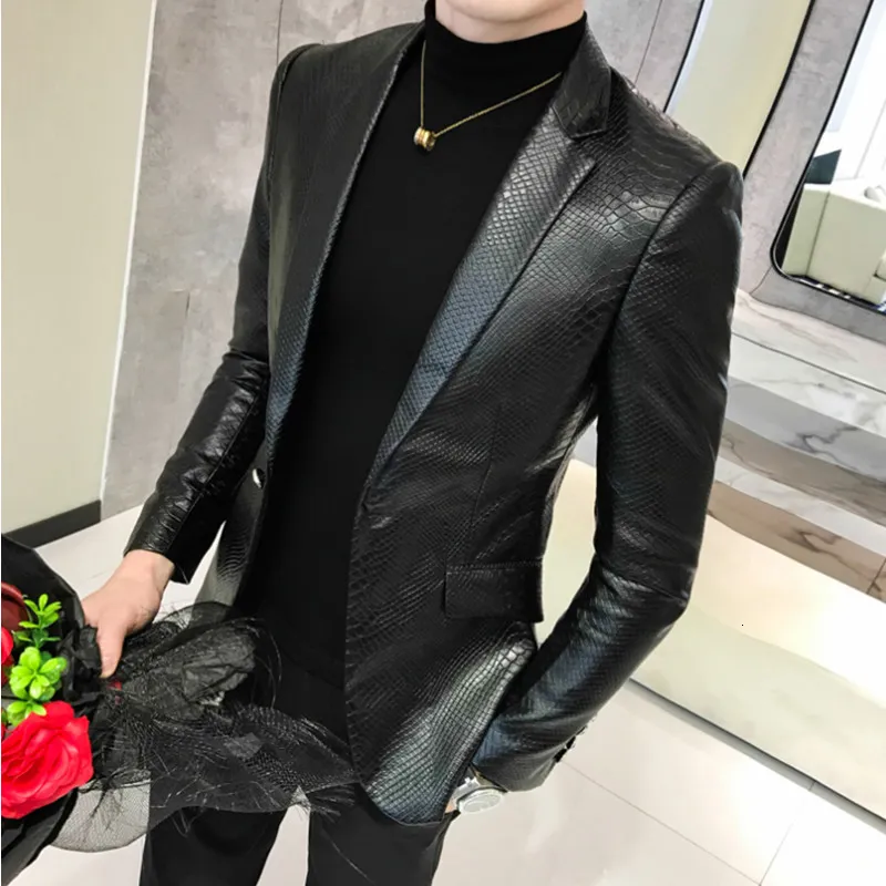 Men's Suits Blazers Men Black Slim Fit Blazer Hombre PU Leather Jacket Male One Button Business Casual Prom Korean Coat 221201