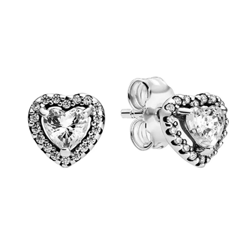 Elevated Heart Stud Earrings for Pandora Real Sterling Silver Rose Gold Love Hearts Wedding Jewelry For Women Girlfriend Gift Earring with Original Box Set