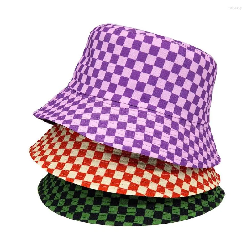 Bérets 2022 Check Seau Chapeaux Casquettes De Pêche Femmes Hommes Réversible Noir Blanc Plaid Pêcheur Chapeau Marque