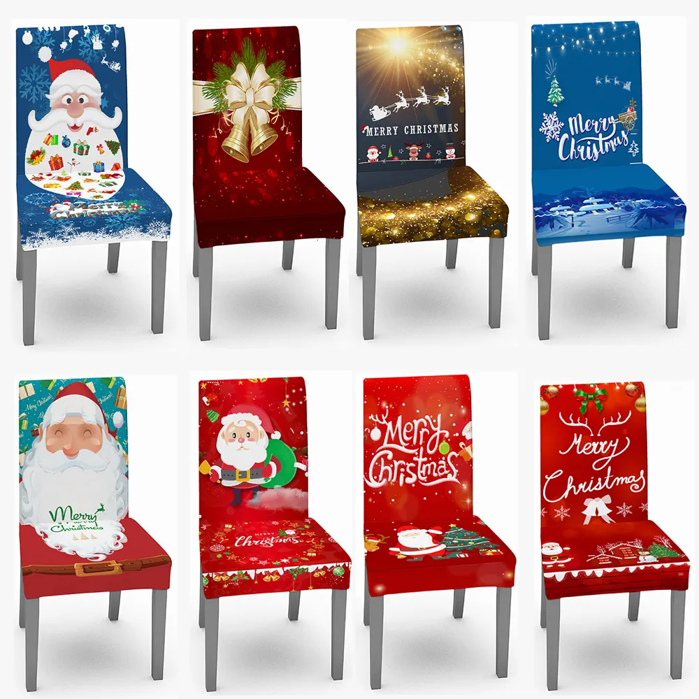 Chair Covers Christmas Santa Printed Elastic Stretch Dining Room Slipcover Kitchen Seat Cover Spandex Home navidad Decor 221202