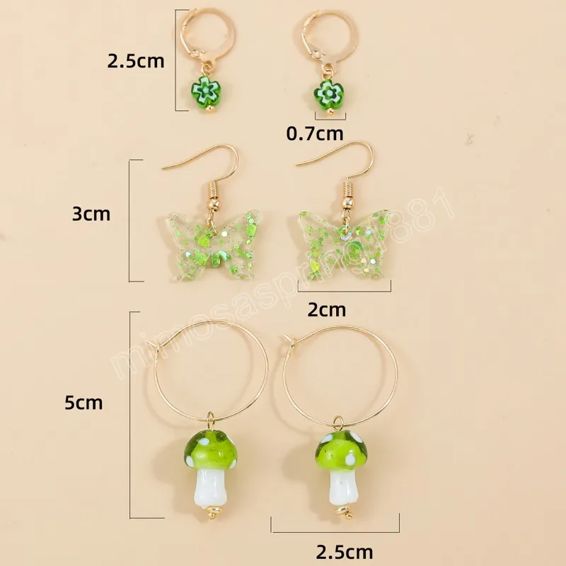 Green Color Acrylic Flower Butterfly Dangle Earrings Set for Women Girls Cute Trendy Mushroom Earring Statement Jewelry