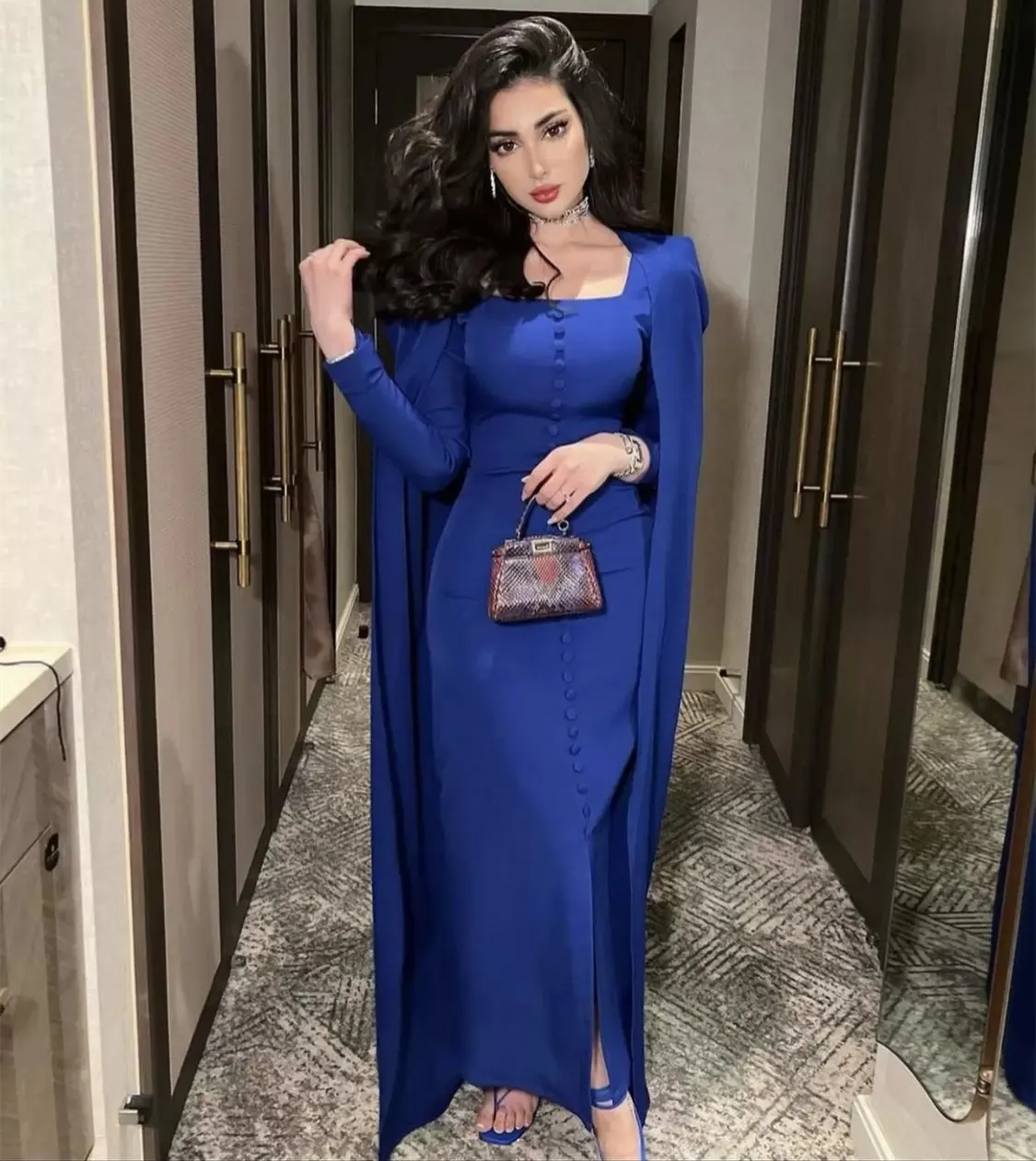 Vestidos De Noche Largos Evening Dresses royal blue Square Neck Buttons Front Split Prom Dress with Wrap cape Long Sleeves