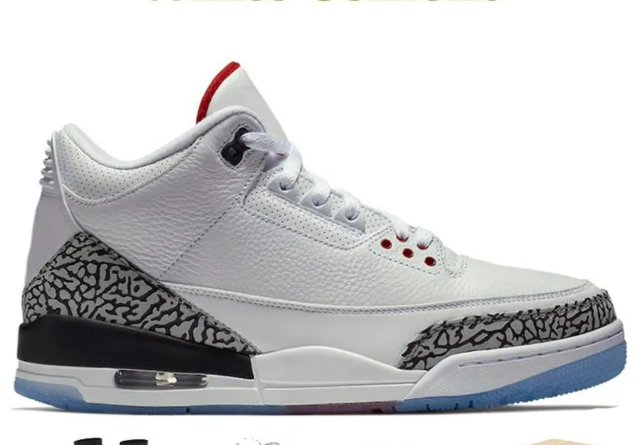 Box Jumpman 3 농구화 화이트 시멘트 남자 3S 트레이너 스포츠 운동화 크기 6 6.5 7 7.5 8 8.5 9 9.5 10 10.5 11 11.5 12 12.5 13 13.5