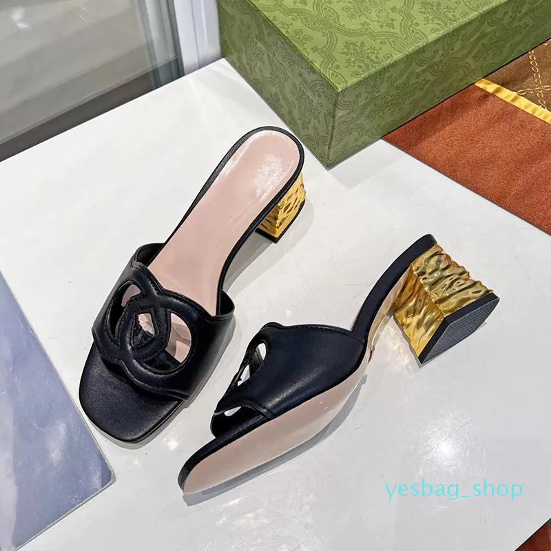 2022 latest high-heeled hollow out slippers leather fashion interlocking details letter lazy one word Trailer open toe metal medium heel fish mouth sandals 0251