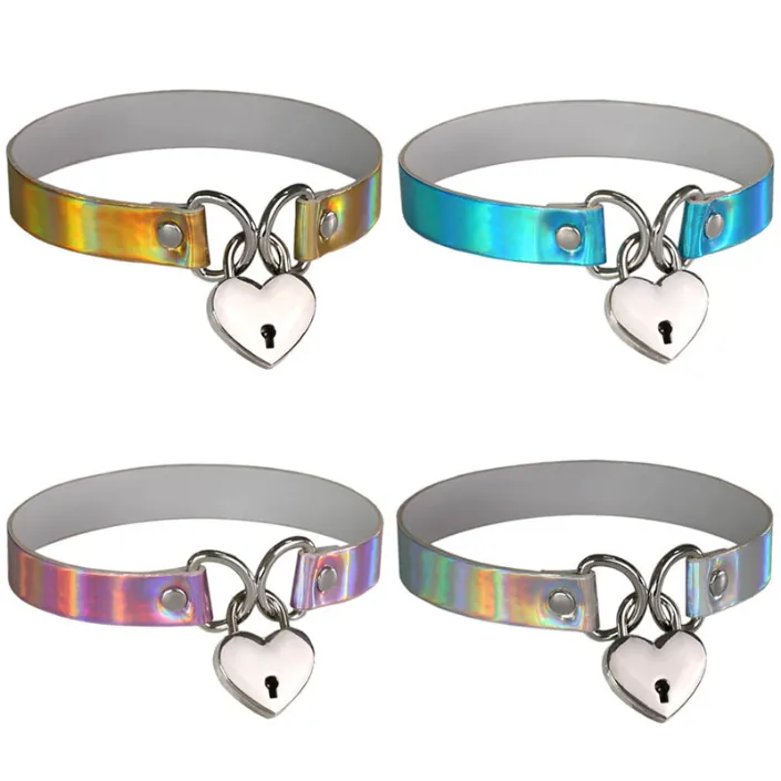 Uppdatera kärlekshjärtlås hänge laser pu läder choker halsband krage sub slav halsband med nyckel för kvinnor uttalande smycken