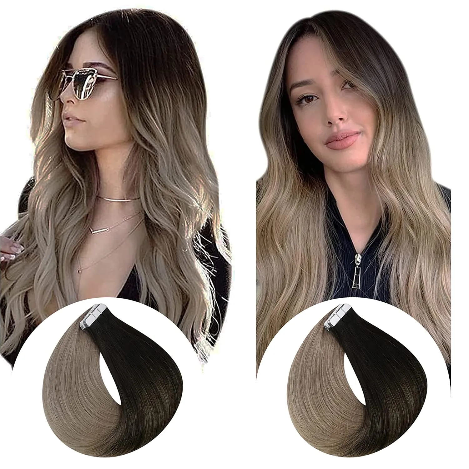 Balayage Tape In Human Hair Extensions Ombre Color Skin Weft