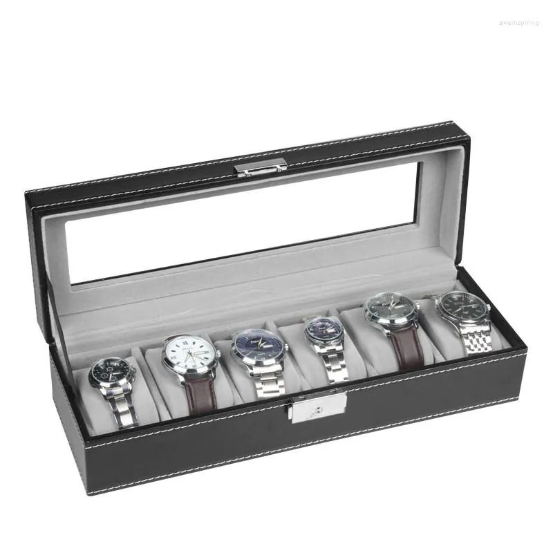 Smyckespåsar 6 Grid Wood Pu Leather Watch Mens Box Handgjorda Suede Pillow Collection Display Case Organizer
