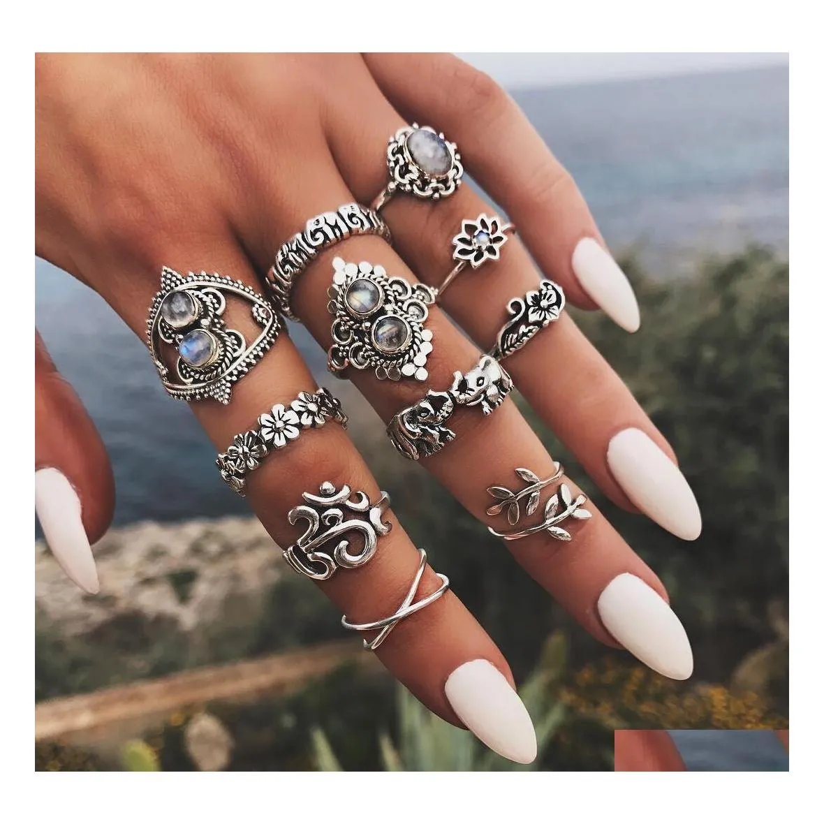 Band Rings Fashion Jewelry Ancient Sier Knuckle Ring Set Flowers Elephant Crown Leaf Yoga Stacking Rings Midi 11Pcs/Set Drop Delivery Dhsc5