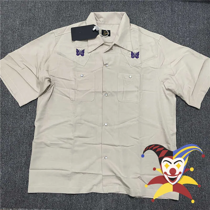 Men's T-Shirts NEEDLES Cowboy T Shirt Men Women Embroidered Butterfly Short Sleeve NEEDLES T-Shirts Buttoned Pockets Work Blouse T221202