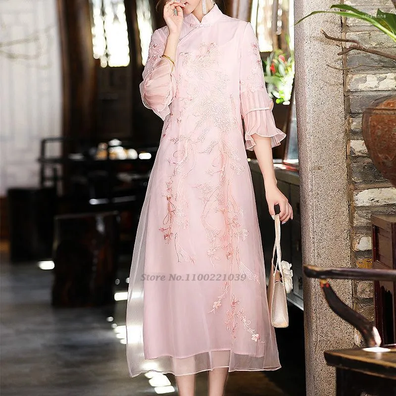 Etnische kleding 2022 Vrouwen Traditionele kant Chiffon Cheongsam Avondfeestjurk Qipao Prom Borduurwerk Mesh Jurk Elegant Oriental