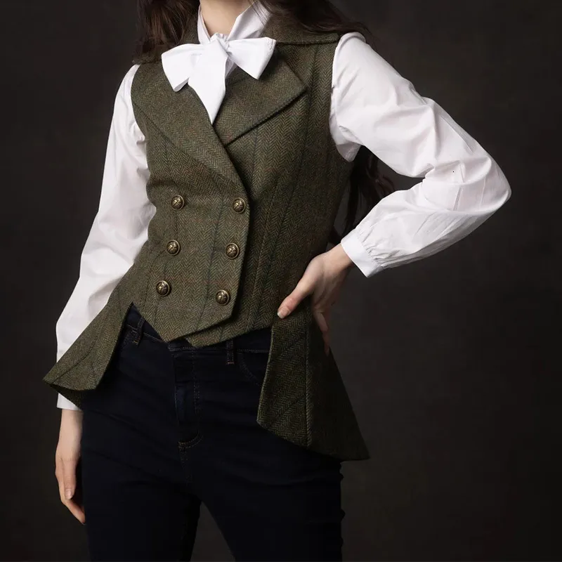 Damesvesten Tuxedo Woman's Suit Vest Plaid Herringband Tweed Army Double Breasted Elegant Ol Mouwess Jacket Business Waistcoat 221202