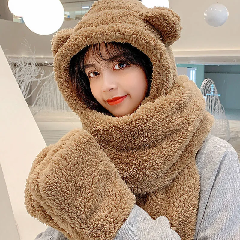 Hats Scarves Gloves Sets 3 In 1 Warm Hat Scarf Gloves Three Piece Women's Versatile Cute Bear Hat Winter Cold Proof Double Layered Thickened Accessories 221202