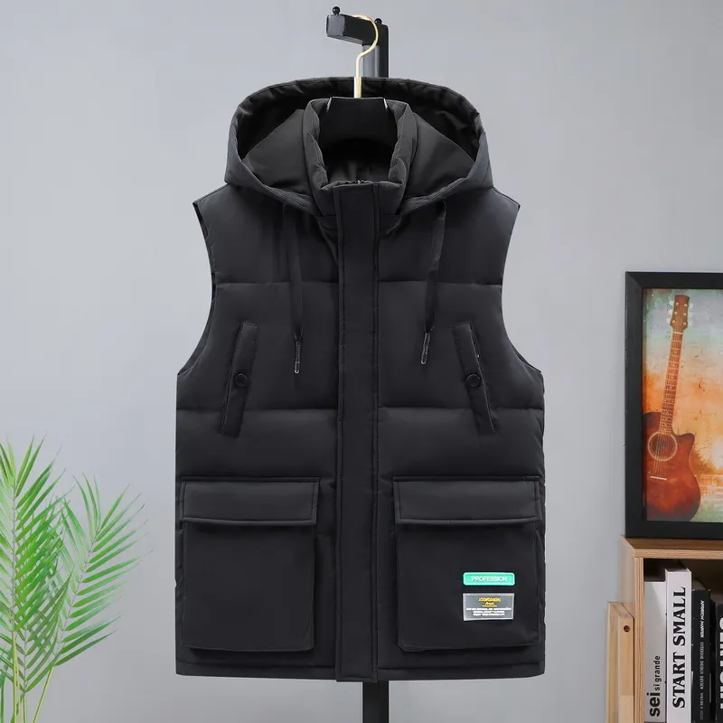 Mäns västar höst vinter väst män avslappnad huva vindbrytare tjock varm väst multipockar mens väst gilet homme stor storlek l5xl 221202