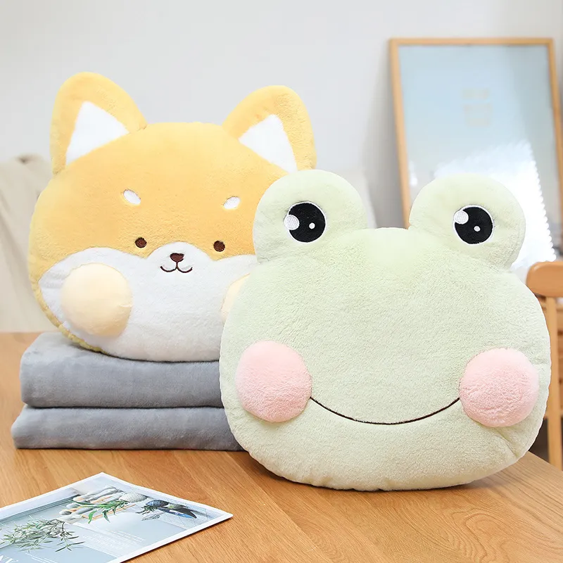 40CM Cute Animal Pillow Frog Rabbit Shiba Inu Pillow Hand Warmer Blanket 3 In 1 Soft Stuffed Sofa Cushion Kids Girls Gift Deco