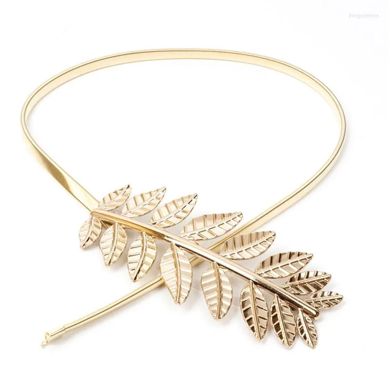 Bälten 2022 högkvalitativ midjeband Kedja Mode Dam Elastiskt Metallbälte Vintage Leaf Guld Silver Skinny BL08