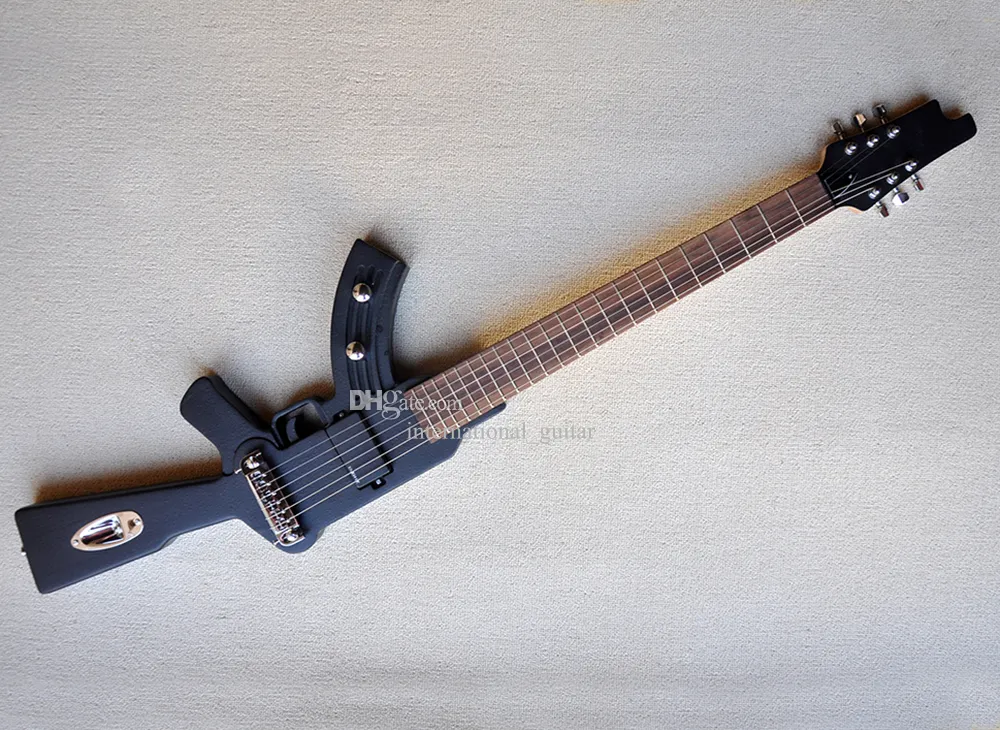 Pistolenförmige E-Gitarre für die linke Hand mit 6 Saiten und Palisandergriffbrett. 22 Bünde können individuell angepasst werden