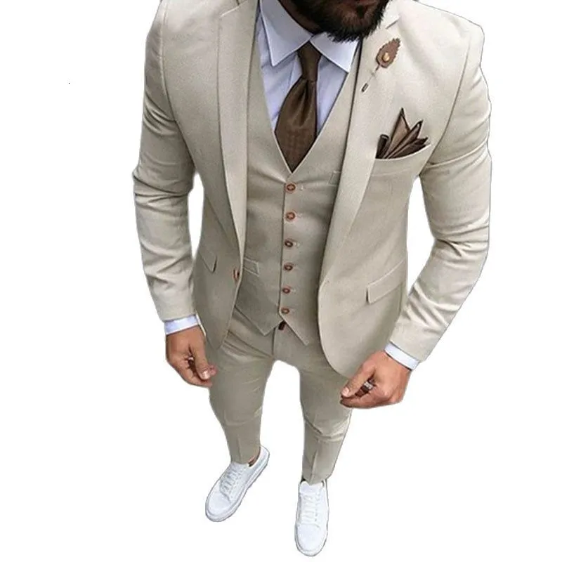 Мужские костюмы Blazers Последний дизайн брюк брюки Beige Comse Prom Tuxedo Slim Fit 3 Piece Groom Wedding for Custom Blazer Terno Masuclino 221201