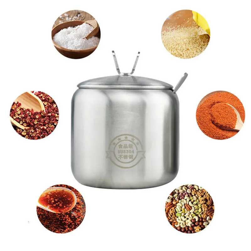 Conteneurs de stockage pour économiseurs d'aliments Bol à sucre Cruet en acier inoxydable avec couvercle Cuillère Salière Sauce Cruet Assaisonnement Pot 221202