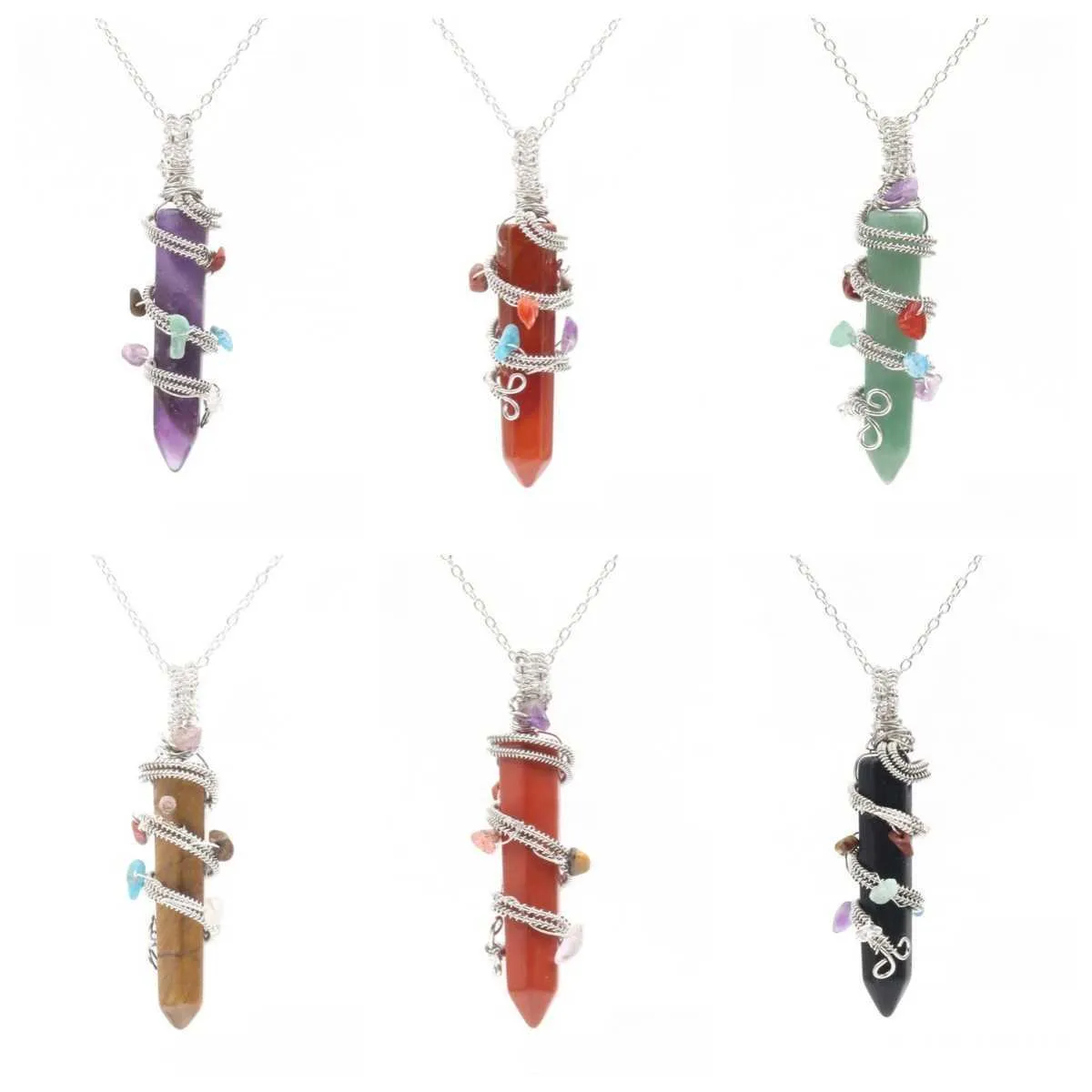 Hexagonal Crystal Point Pendant Necklace Wire Wrapped 7 Chakra Stone Healing Reiki Jewelry For Women
