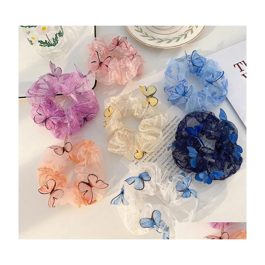 Hårgummiband Mesh Chiffon Scrunchie Elastic Hair Rubber Bands Transparent Butterfly Tle Tie Rope Ponytail Holder Girl Accessori Dhnjv