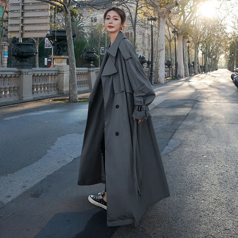 Trench feminina casacos estilo coreano solto de tamanho X-Long Casat com cinto de peito duplo Cingido Lady Mush Windbreaker Spring Outono Cinza 221201