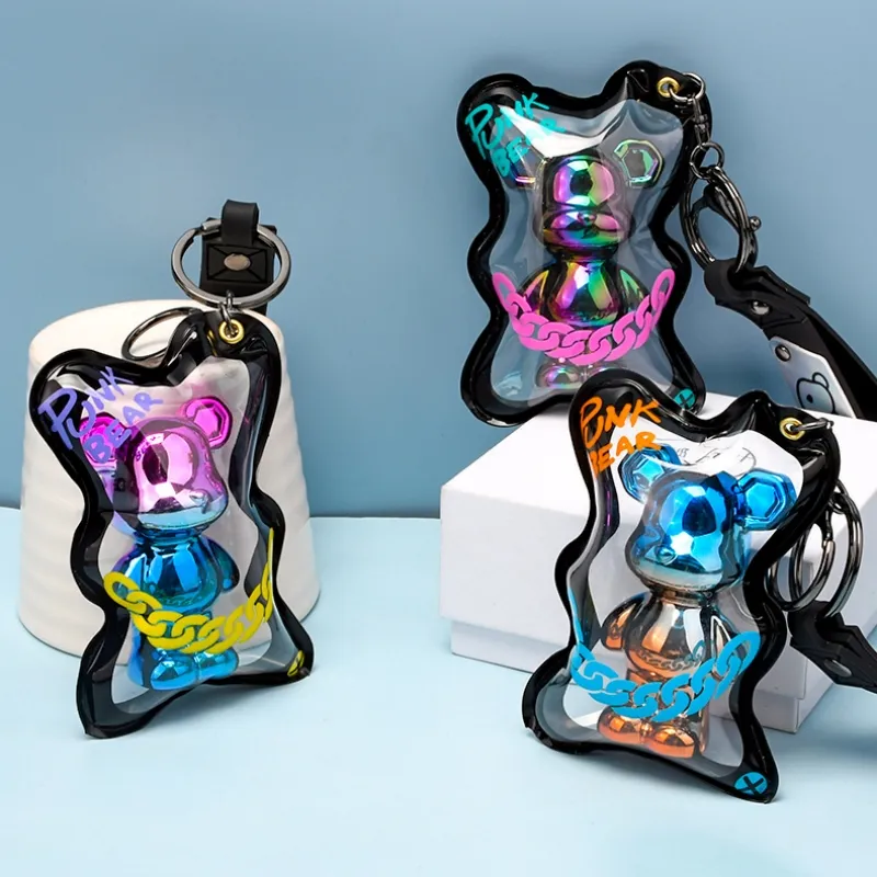 Laser Bear Car Keyrings Acrylic PVC Bag Key Ring Chains Holder Punk Animal Design Pendant Charm Keychains Keyfob Trinket Fashion Jewelry Accessories