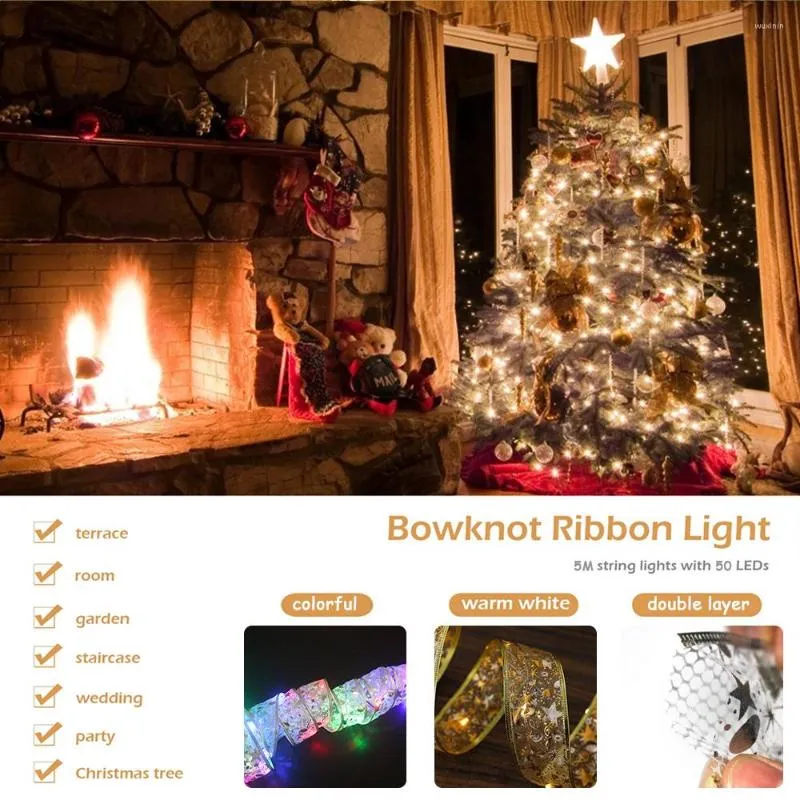 زخارف عيد الميلاد الأضواء الخيالية 50 LED 5M طبقة مزدوجة الشريط القوس الحفل الزفاف الزفاف الديكور شجرة Navidad