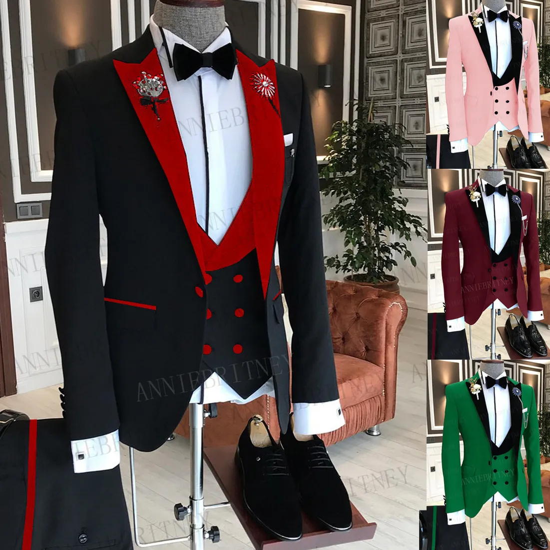 Men's Suits Blazers Formal Business Men 3 Pieces Male Jacket Custom Fashion Groom Wedding Tuxedo Red Velvet Lapel Blazer Vest Pants 221201