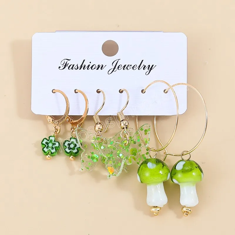 3Pairs/Set Green Color Green Flower Butterfly Brincos de borboleta Conjunto para mulheres garotas joias de brinco de cogumelo modernas