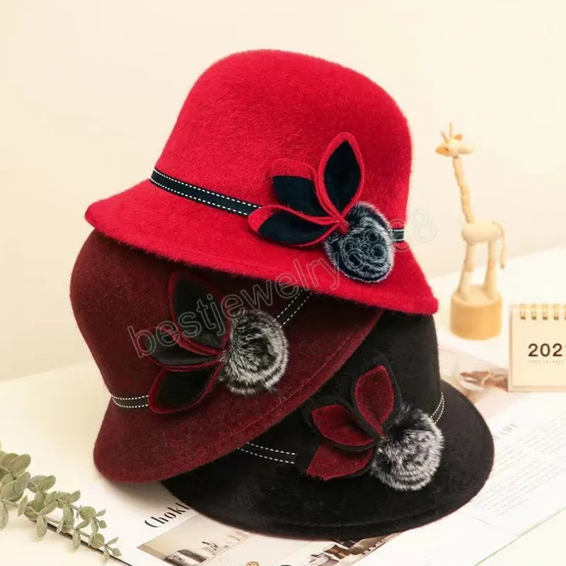 Kobiety jesienne zimowe czapki wełny damskie kopuły kapelusz vintage elegancka czapka fedoras z kwiatowym kapeluszem na zwykłe czapki wiadra