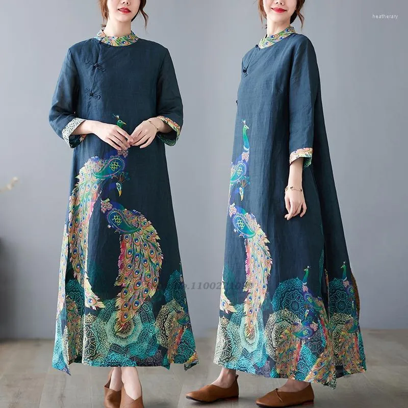 Abbigliamento etnico 2022 cinese tradizionale stampa pavone qipao nazionale vintage cotone lino stile abito cheongsam donna elegante lungo