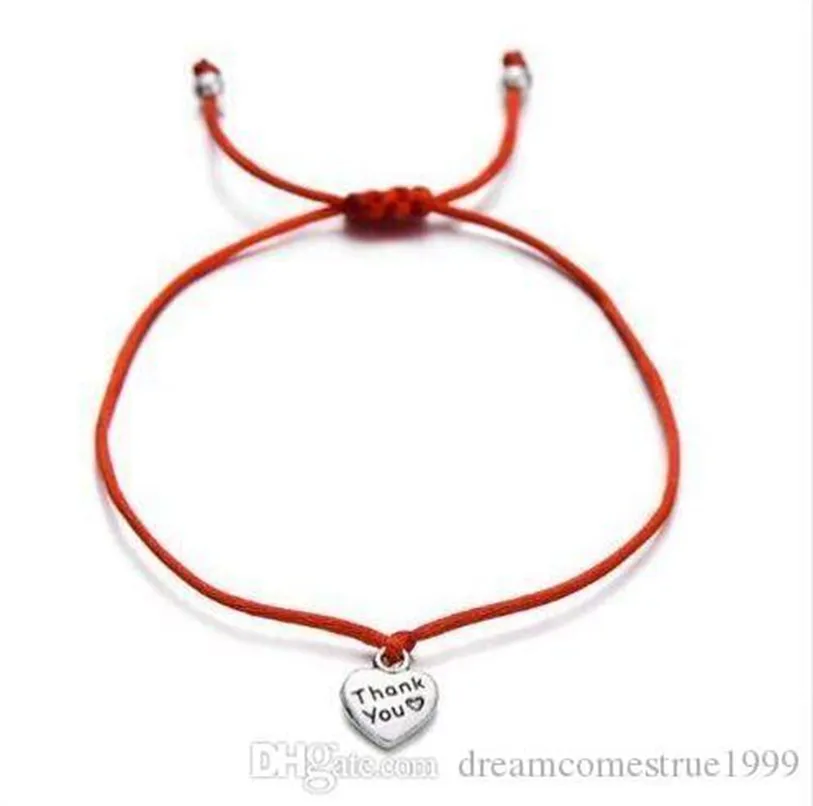 20pcs/lot شكرًا لك Heart Charms Pracelet للعشاق المحظوظ Red String Gift Diy Jewelry DIY