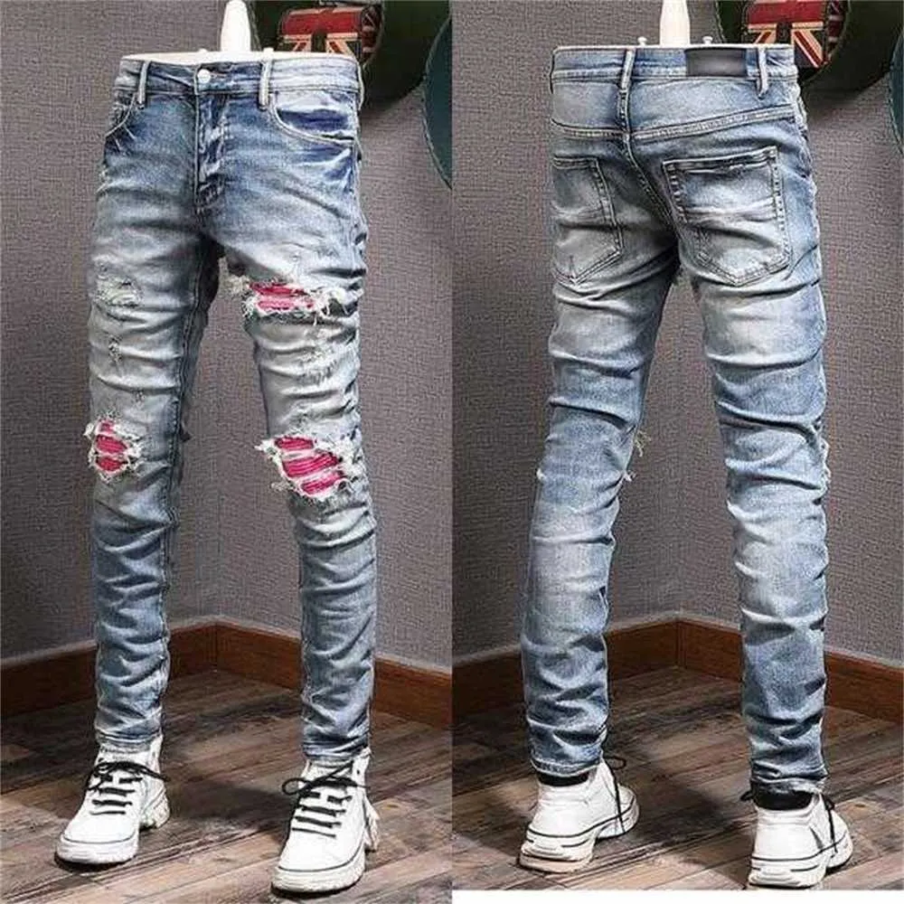 Men's Jeans Patches Detail Biker Fit Men Slim Motorcycle for Mens Vintage Distressed Denim Jean Pants3o56