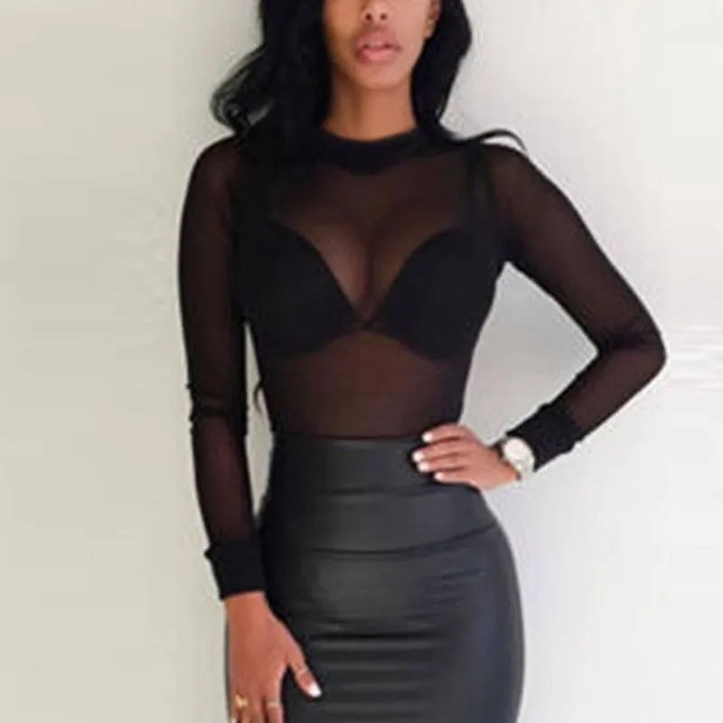 Sexy Women T Shirt See Transparent Mesh Tops Long Sleeve Sheer Slim Ladies Turtleneck T-Shirt