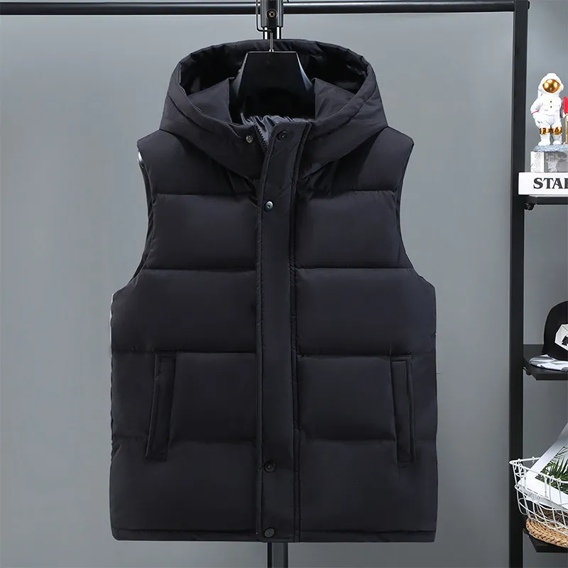 Gilets pour hommes Hiver Down Vest Hommes Zipper Veste sans manches Chaud Couleur unie Gilet pour hommes Veste épaisse à capuche Gilet Gilet Automne Hiver 221202