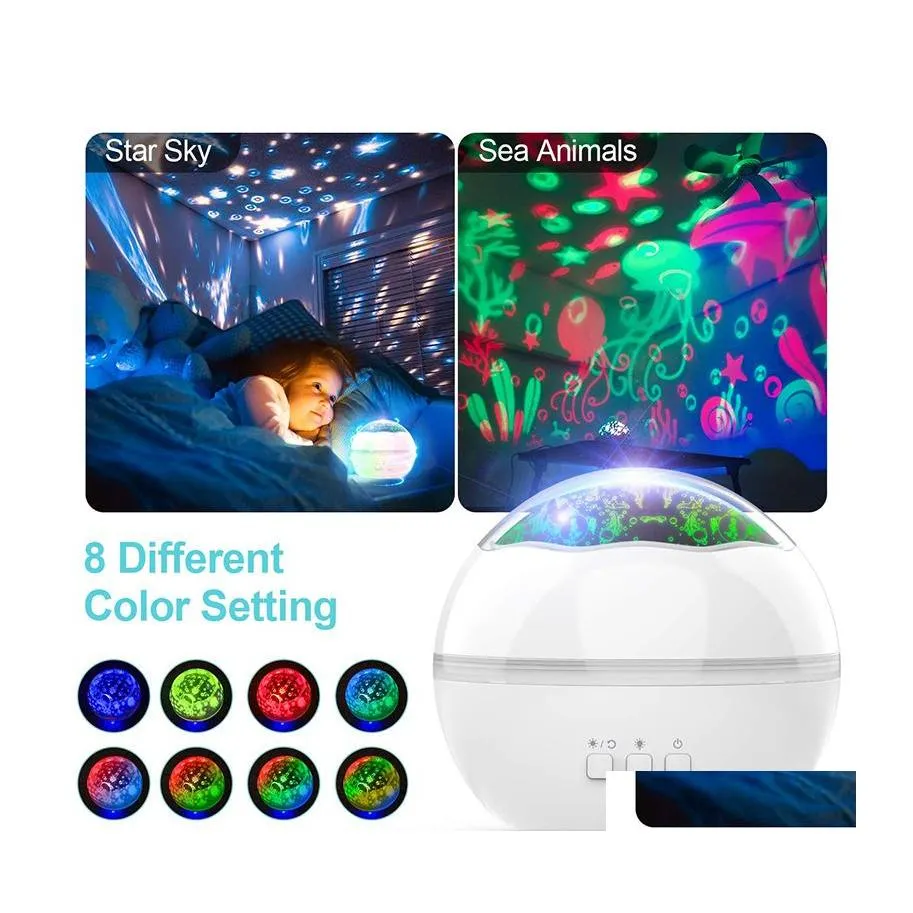 Nattljus Colorf Stars Starry Projector Light Undersea World Led Night 8 Colors Rotating Lamp USB For Children Room Drop Delivery DHG51