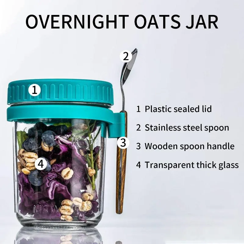 2 Overnight Oats Airtight Jars With Lid And Spoon- 10 Oz