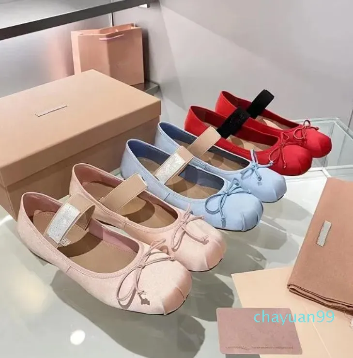 Miu ballet shoes women satin bow comfort and leisure loafer flat Dance shoe ladies girl Holiday stretch Mary Jane shoes