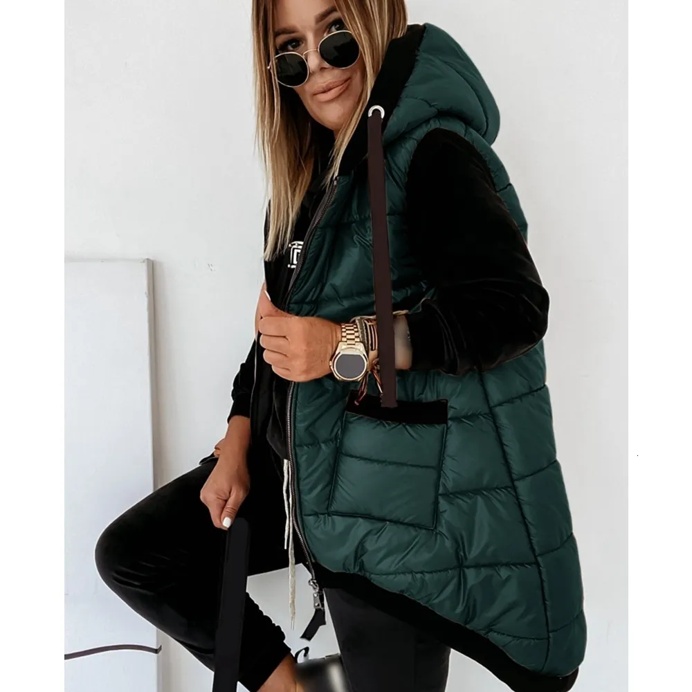 Coletes femininos wepbel capuz com jackets de cordas coletes top moda moda cor sólida cor slim zíper bolso de bolso sem mangas jaquetas de outono Outwear 221202