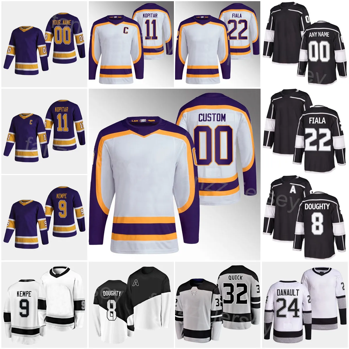 2023 Hockey Reverse Retro 22 Kevin Fiala Jerseys 11 Anze Kopitar 8 Drew Doughty 32 Jonathan Quick 9 Adrian Kempe 24 Phillip Danault 12 Trevor Moore Custom Name Number