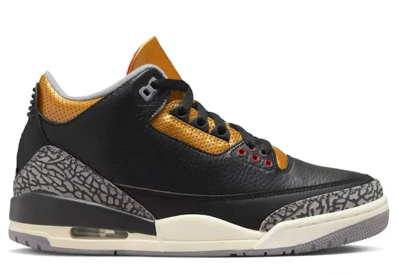 Con Box Jumpman 3 Scarpe da basket Black Gold Men 3s Trainers Sport Sneakers Taglia 6 6.5 7 7.5 8 8.5 9 9.5 10 10.5 11 11.5 12 12.5 13 13.5