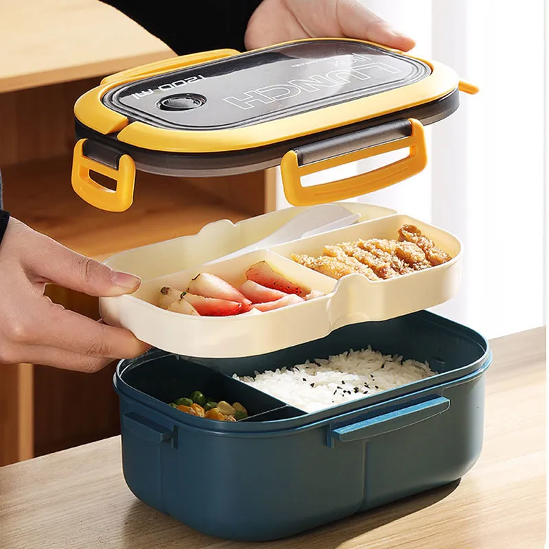 Lunch Boxes Portable Hermetic Lunch Box 2 Layer Grid Children Student Bento Box with Fork Spoon Leakproof Microwavable Prevent Odor School 221202