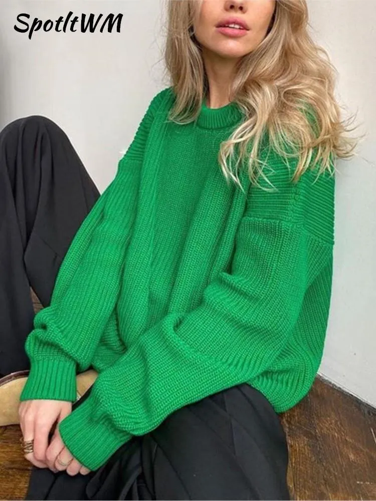 Kobiety swetry kobiety zielony sweter z dzianiny jesienne zimowe zimowe o dużym rękawie samice solidne ciepłe topy 221201
