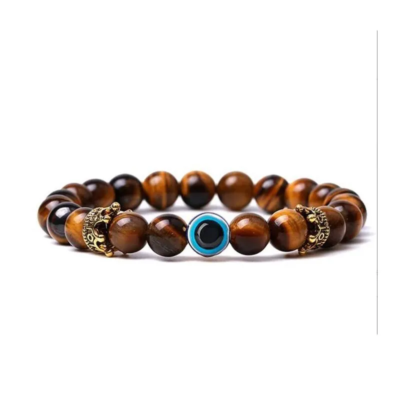 Beaded Evil Eye Natural Stone Beaded Strands Bracelet Designer Jewelry Gold Crown White Turquoise Tiger Eyes Hematite For Men Women Dhr4T