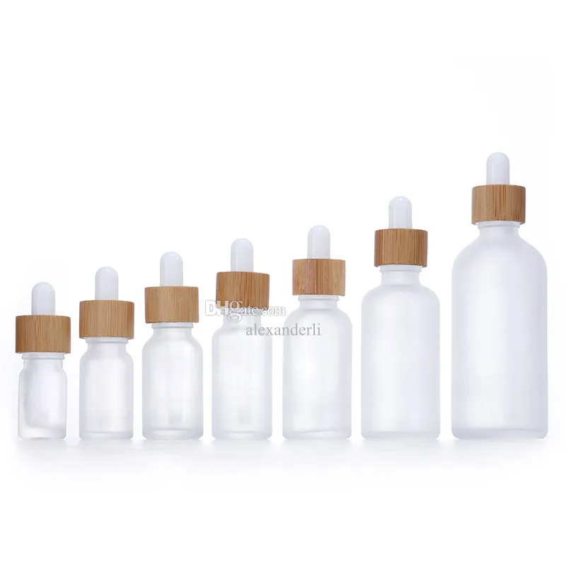 Frosted White Glass Dropper Bottle 10ml 15ml 20ml 30ml 50ml With Bamboo Cap 1oz Wooden Essential Oil Bottles