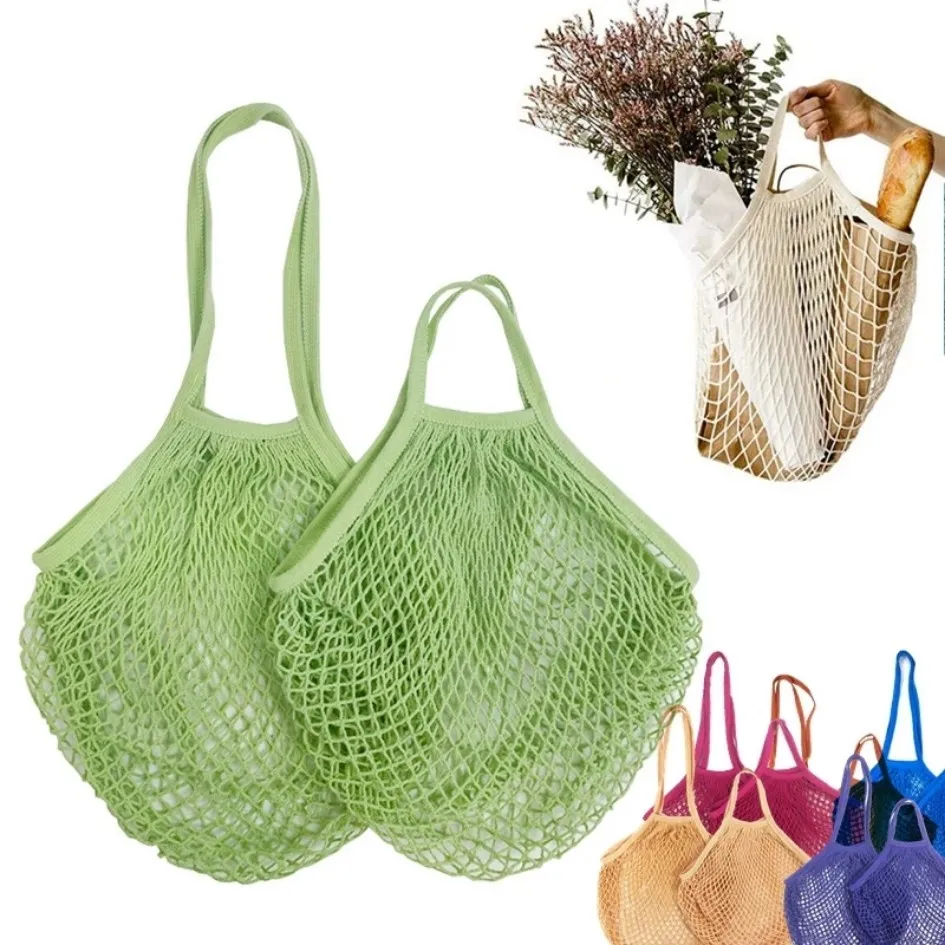 Bolsas de malha DHL laváveis ​​reutilizáveis ​​algodão de algodão saco de compras de saco de compras de saco de compras para vegetais de frutas portáteis e longas alças longas FY5261 BB1202