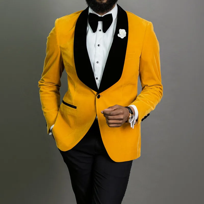 Mäns kostymer blazrar gula sammet bröllop smoking 2 stycke smala passform män med svarta byxor för prom afrikansk manlig mode blazer 221201